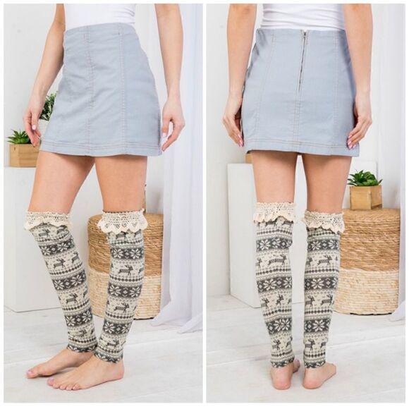 Nordic Print Leg Warmers/Boot Toppers Over the Knee Gray and Cream Color - Picture 1 of 4
